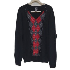 Jos. A. Bank V-Neck Sweater in Black and Red Argyle